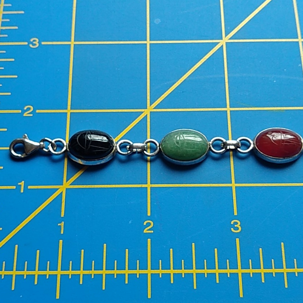 Sterling silver scarab bracelet, 7", semi-precious
